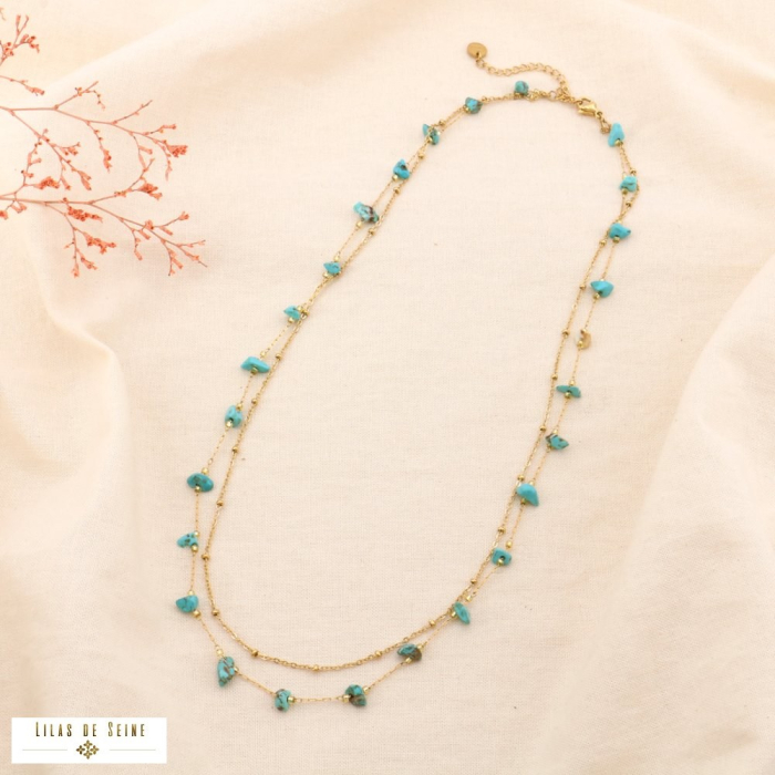 Collier double-ranges acier inoxydable pierre naturelle 0124145 bleu turquoise