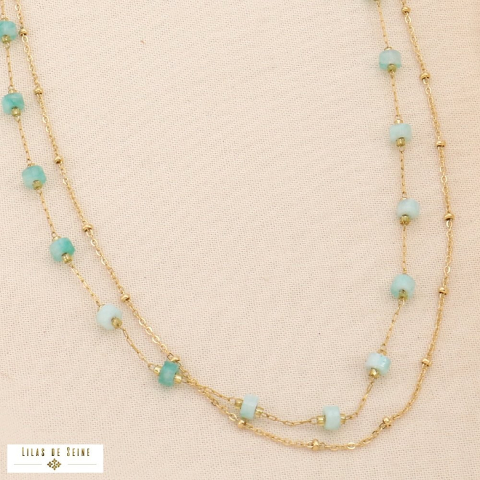 Collier double-ranges acier inox pierre cylindrique naturelle 0124146 vert aqua