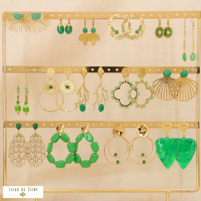 Ensemble de 15 paires de boucles d'oreilles acier inoxydable 0324190 vert