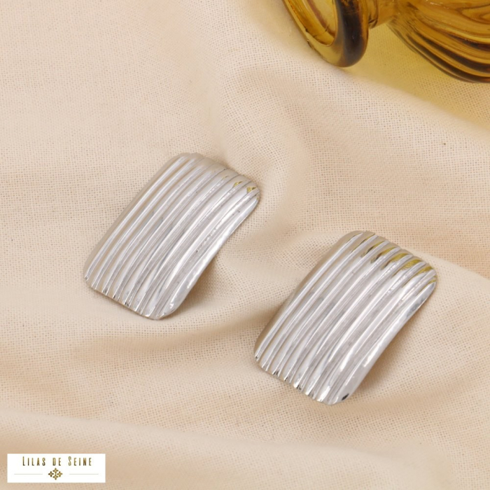 Boucles d'oreilles CLIPS acier rectangle gravé rayures 0324163 argenté