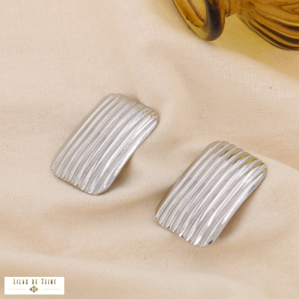 Boucles d'oreilles CLIPS acier rectangle gravé rayures 0324163 argenté