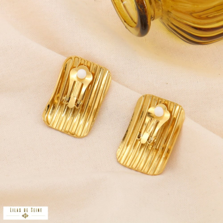 Boucles d'oreilles CLIPS acier rectangle gravé rayures 0324163 doré