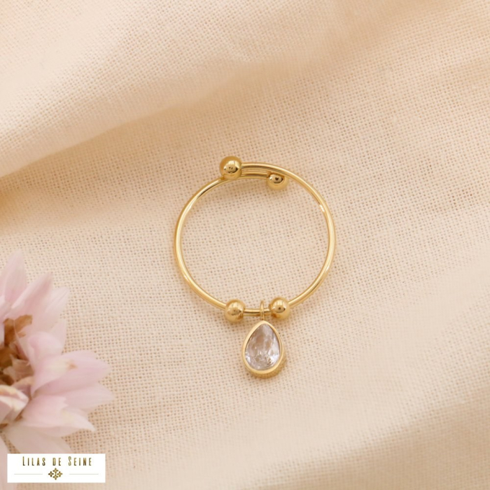 Bague acier inoxydable minimaliste goutte strass 0424057 doré