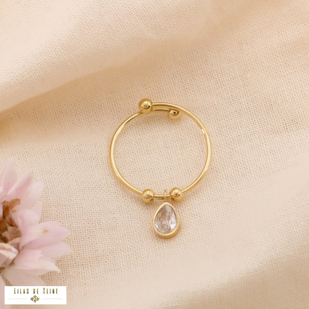 Bague acier inoxydable minimaliste goutte strass 0424057 doré