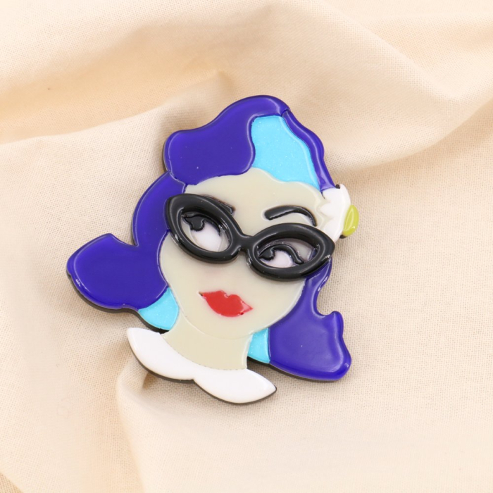 Broche épingle vintage résine femme lunettes 0524016 bleu foncé