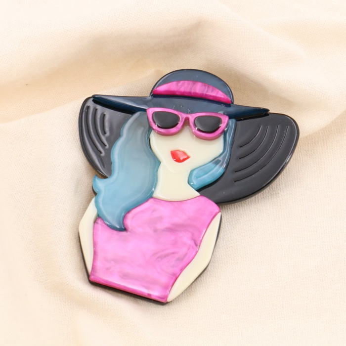 Broche épingle vintage résine femme lunettes chapeau 0524017 fushia