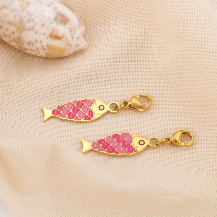 2 charms breloques poisson acier inoxydable émail 0624031 fushia