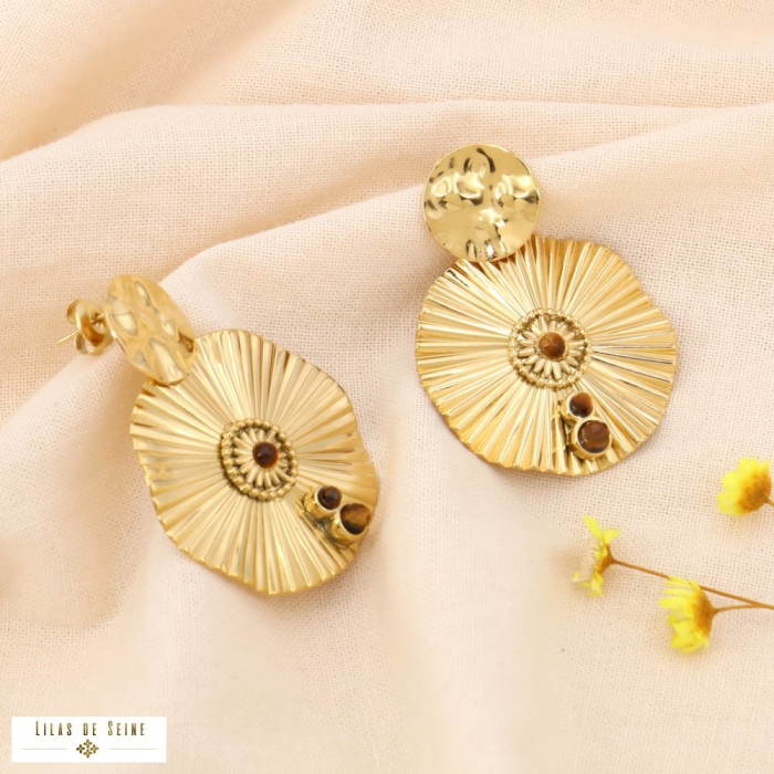 Boucles d'oreilles acier inoxydable martelé rond ondulé pierre 0324243 marron