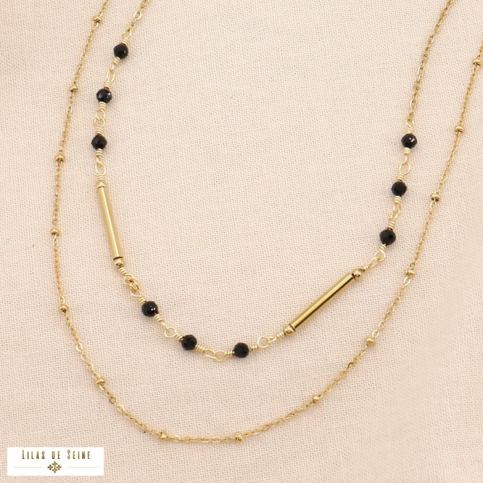 Collier double-rangs acier inoxydable bille pierre facettée 0124200 noir