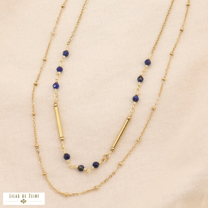 Collier double-rangs acier inoxydable bille pierre facettée 0124200 bleu foncé
