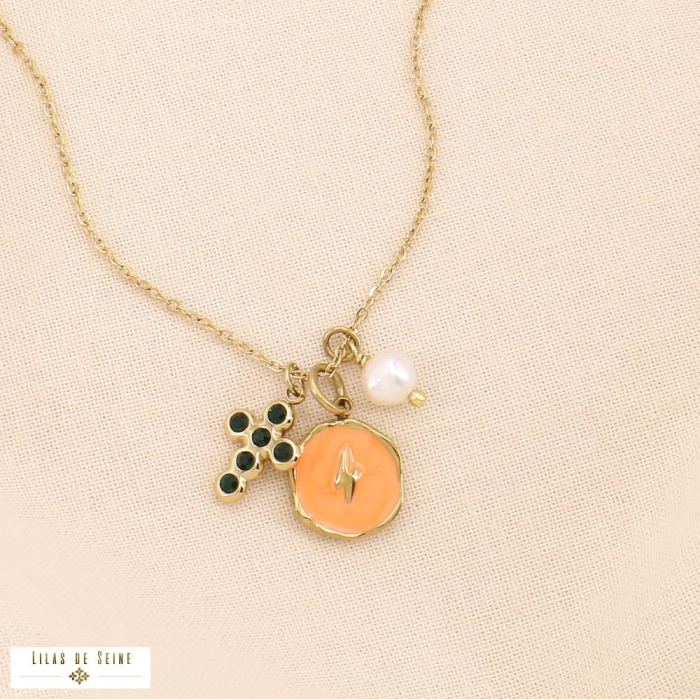 Collier à breloques acier inox éclair croix perle d'eau douce 0124203 noir