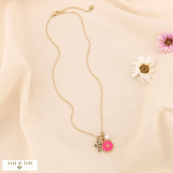 Collier à breloques acier inox éclair croix perle d'eau douce 0124203 fushia
