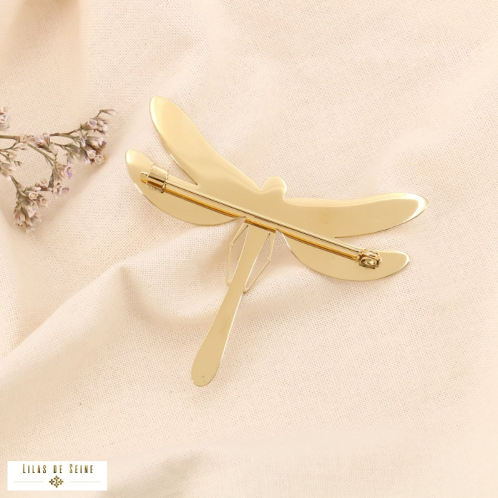 Broche libellule acier inoxydable texturé cabochon pierre 0523006 bleu canard