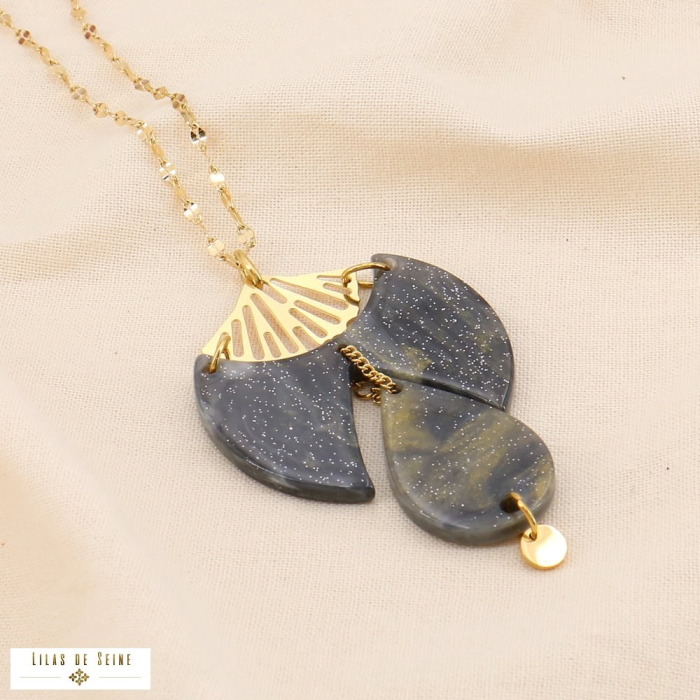 Sautoir acier inoxydable pendentif résine marbré goutte ginkgo 0124557 gris clair