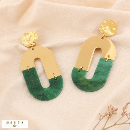 Boucles d'oreilles ovale XXL martelé marbré acier résine 0324533 vert