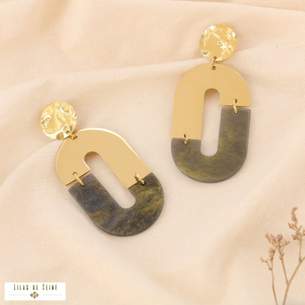 Boucles d'oreilles ovale XXL martelé marbré acier résine 0324533 gris clair