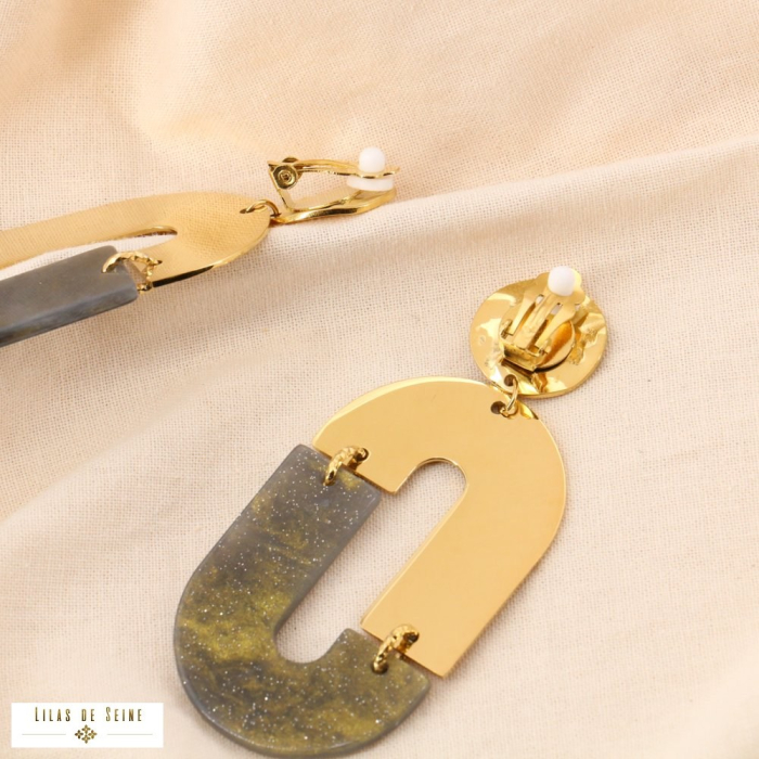 Boucles d'oreilles ovale XXL martelé marbré acier résine 0324533 gris clair