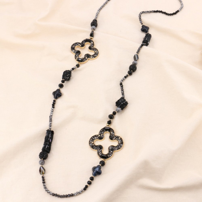 Sautoir baroque trèfle strass cristal pierre polyester métal 0124528 noir