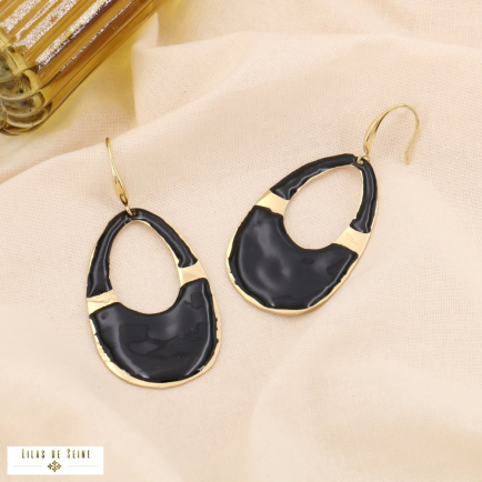 Boucles d'oreilles acier émail goutte anneau gravé 0324528 noir