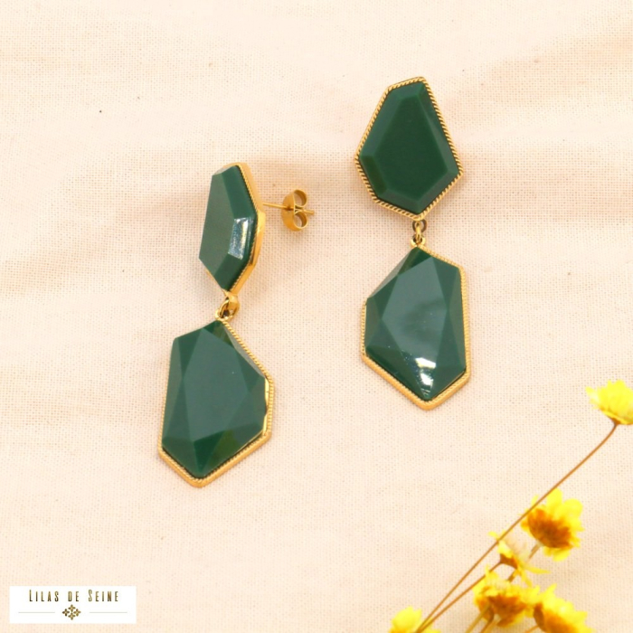 Boucles d'oreilles acier résine géométrique facetté 0323604 vert foncé