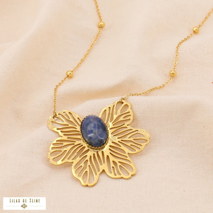 Collier acier inoxydable bohême fleur ajourée cabochon pierre 0124558 bleu