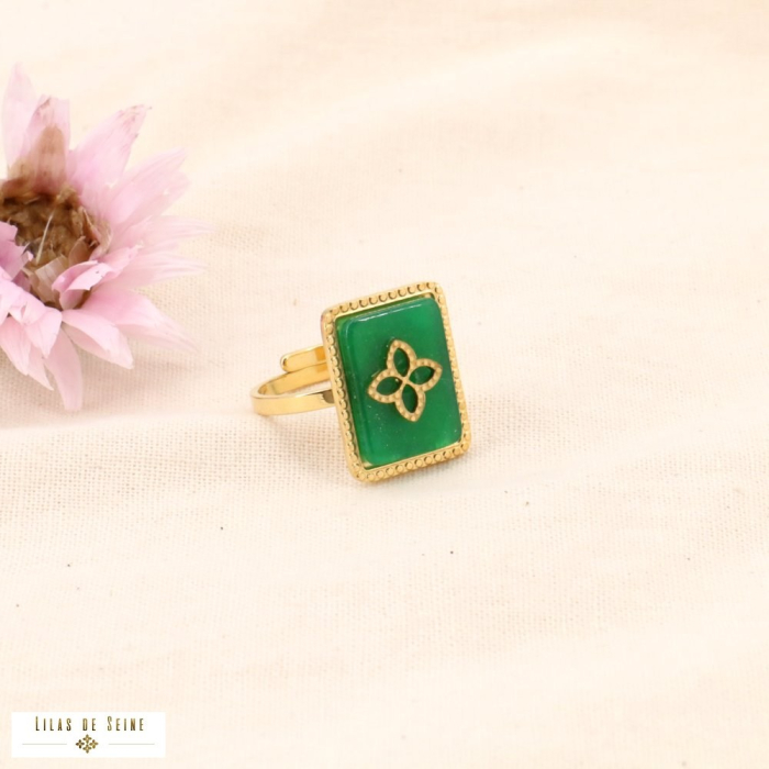 Bague acier inoxydable trèfle 4 feuilles pierre 0424001 vert