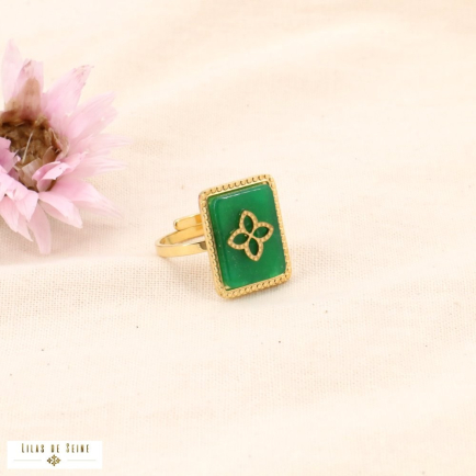 Bague acier inoxydable trèfle 4 feuilles pierre 0424001 vert