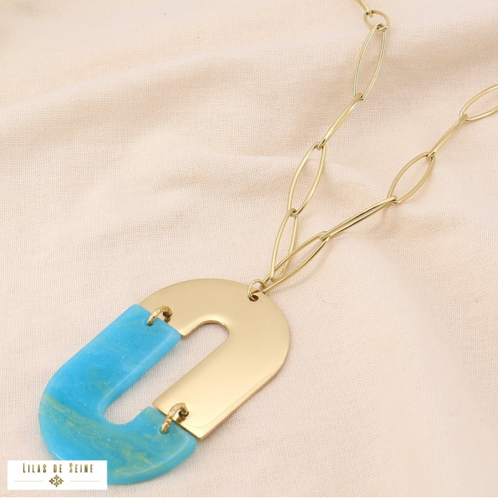 Sautoir vintage pendentif acier inoxydable résine marbrée 0124561 bleu turquoise