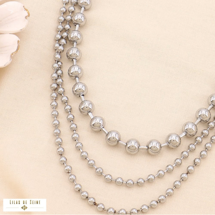 Collier billes triple rangs acier inoxydable ras de cou 0124513 argenté