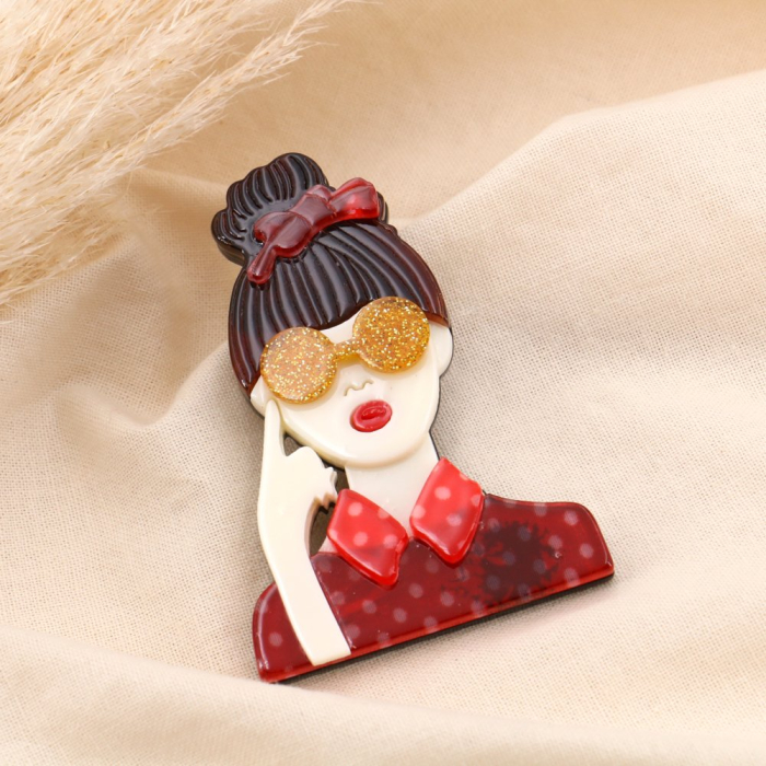 Broche épingle vintage résine femme lunettes 0524506 rouge