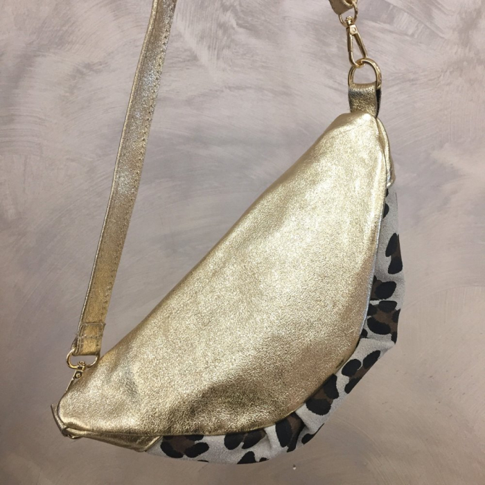 Sac banane cuir véritable léopard métallisé 2 zip 0924519 doré