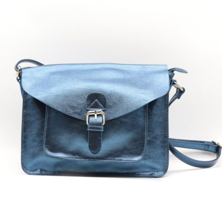 Sac cartable en simili-cuir souple brillant multi-poches bouton aimant et bandoulière pour femme 0923504 bleu