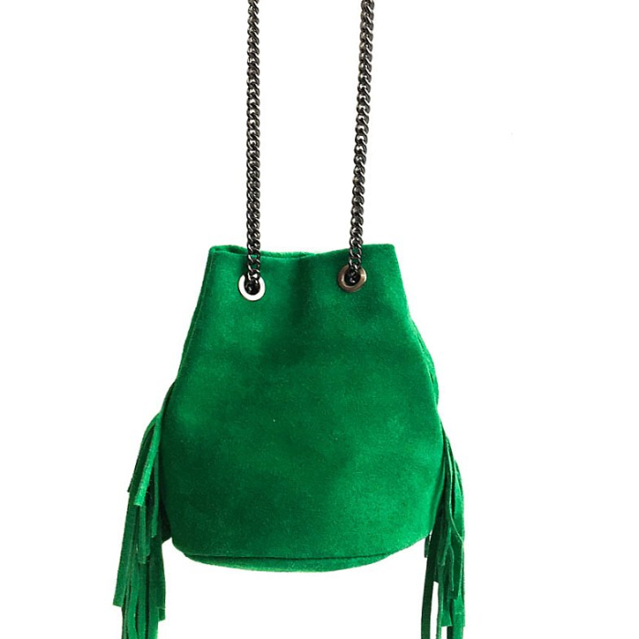 Sac bandoulière cuir véritable façon daim à franges 0917092 vert