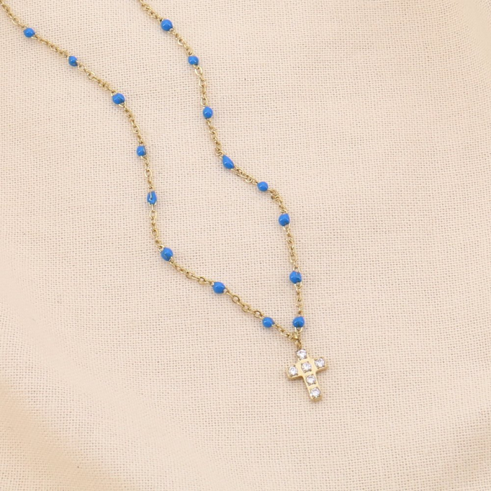 Collier acier inoxydable strass croix résine époxy femme 0124524 bleu