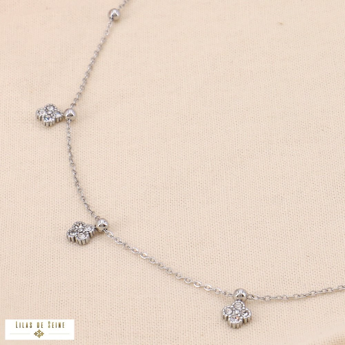 Collier minimaliste acier inoxydable breloque trèfle strass 0124542 argenté