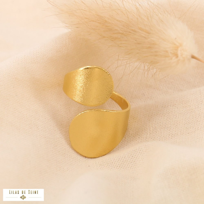 Bague large plate organique abstrait acier inox. brossé MAT 0424506 doré