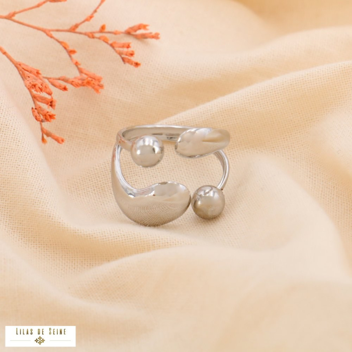 Bague large asymétrique formes incurvées acier inoxydable 0424508 argenté