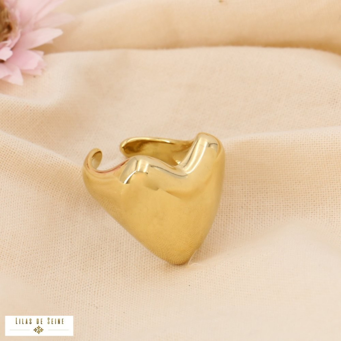 Bague large gros coeur bombé acier inoxydable 0424520 doré