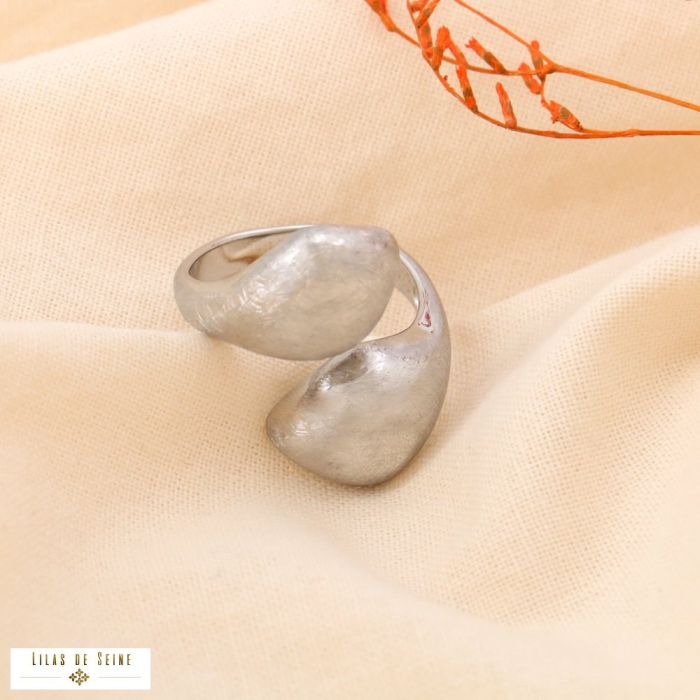 Bague large organique abstrait bombé acier inox. brossé MAT 0424522 argenté