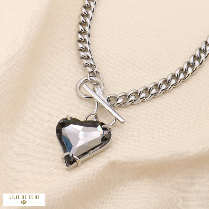 Collier cœur grosse maille gourmette acier fermoir bâton 0124551 argenté