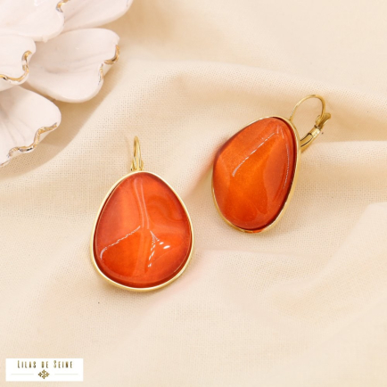 Boucles d'oreilles acier inoxydable résine forme galet facetté 0324563 orange foncé