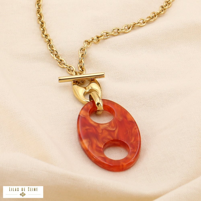 Collier acier inoxydable résine grain de café fermoir à barre 0124554 orange foncé