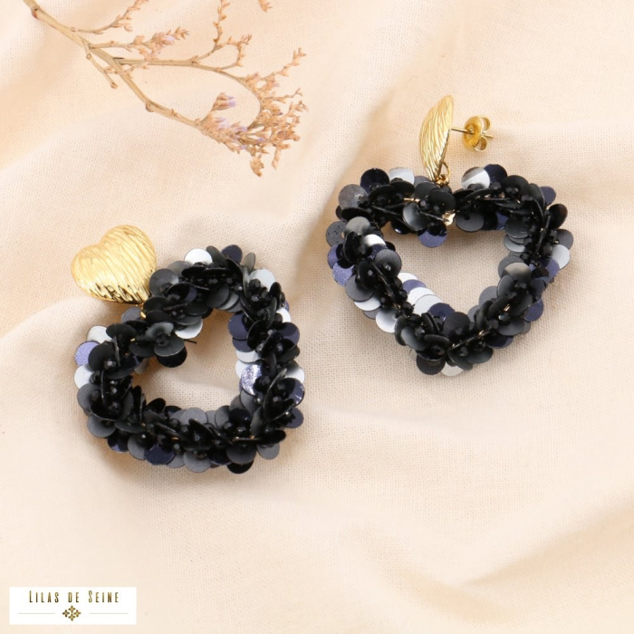 Boucles pendantes acier inoxydable coeur sequin cristal 0324546 noir