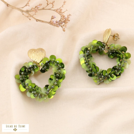 Boucles pendantes acier inoxydable coeur sequin cristal 0324546 vert foncé