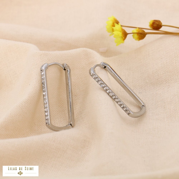 Créoles acier inoxydable strass rectangle fin arrondi 0324562 argenté