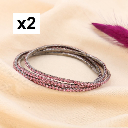 8 Bracelets élastiques strass colorés et métal gris foncé pour femme 0223632 rose nude