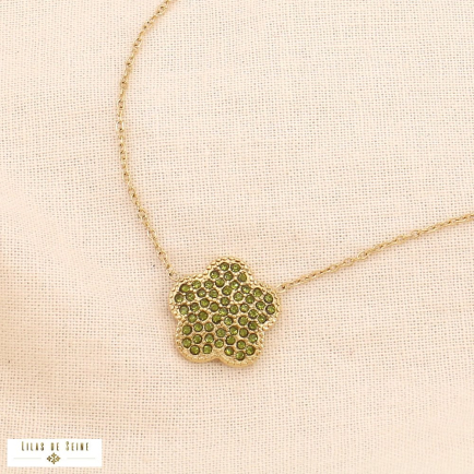 Collier fleurs acier inoxydable doré strass pétale arrondie 0124546 vert