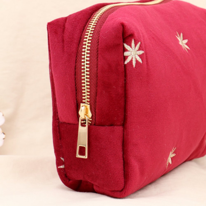 Pochette trousse maquillage velours étoile fleur brodé 0924522 rouge