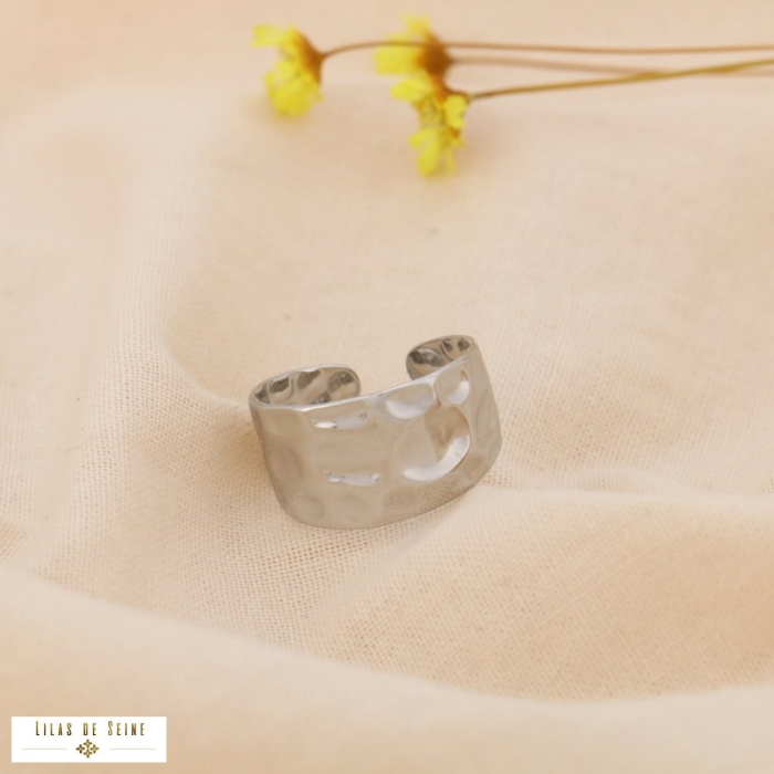 Bague ouverte antique acier inoxydable martelé 0424505 argenté