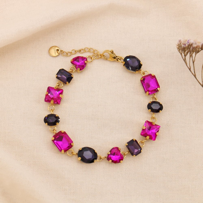 Bracelet acier inoxydable strass colorés soirée 0224579 magenta
